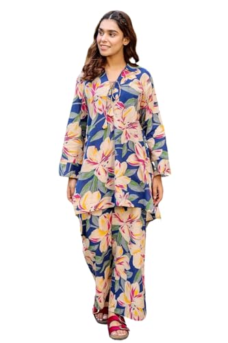 Leriya Fashion Women Ethnic Kurta Set | Rayon Co-Ord Set | Fancy Pajama Set | Pack of 2 | Floral Printed Top & Pant Set | Full Pair Set | A-line Kurta Set for Women