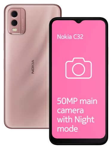 Nokia C32 with 50MP Dual Rear AI Camera | Toughened Glass Back | 4GB RAM, 64GB Storage | Upto 7GB RAM with RAM Extension | 5000 mAh Battery | 1 Year Replacement Warranty | Android 13 | Beach Pink