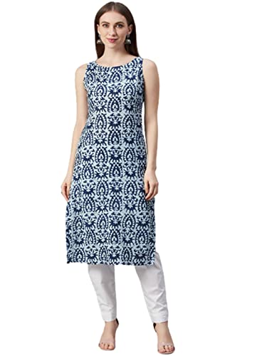 Amudee Fashion Women Floral Print Cotton Straight Kurta Sleeveless White & Blue