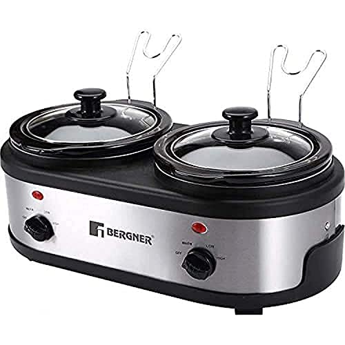 Bergner Supreme Electric Cooker 100W, 2x1.5 L for Low & High Temperature Food Warming/Slow Cooking, Ceramic Pot with Glass Lid, Body Stainless Steel, Pot & Lid Dishwasher Ready, Cool Touch Handling