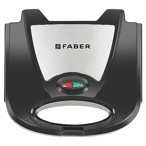 Faber 750W DLX Sandwich Grill Toaster | Grill, Toast & Heat | 2 Slice Slots, Power & Ready Lights, Auto Shut-Off, Cord Storage, Antiskid Feet | Non-Stick Coated Plates for Easy Cleaning | (Black + SS)