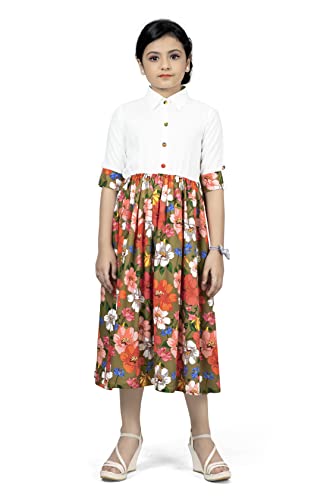 Fashion Dream Girls Crepe Floral Printed Calf Length Dress