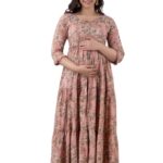 GAJAL Fashion Women's Rayon Printed Long Anarkali Maternity Kurta Dress with Side Zippers