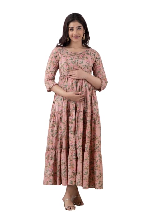 GAJAL Fashion Women's Rayon Printed Long Anarkali Maternity Kurta Dress with Side Zippers