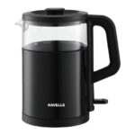 Havells MARINO Low Noise Glass Electric Kettle 1L|1200W Borosilicate Glass inner & Cool Touch Outer Body| Detachable LID|304 Rust Resistant SS Base|2 Yr Manufacturer Warranty (Black)