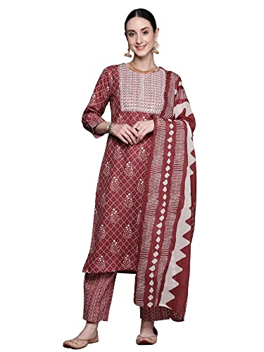 INDO ERA Women's Printed Straight Kurta & Pant with Dupatta Set