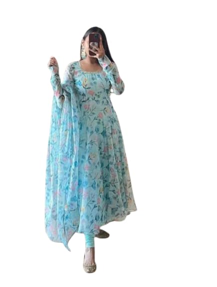 Indian Glory Women's Wear Sky Blue Colour Georgette Printed Flared Long Dress