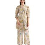 Leriya Fashion Soft Cotton Blend Floral Foil Print Puff Sleeve Shawl Collar Straight Kurta Pant Set for Women Causal Festival Office Shopping Outing Wear for Girls Ethnic Co Ord Set