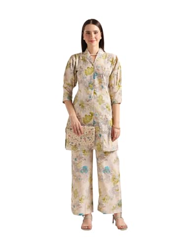 Leriya Fashion Soft Cotton Blend Floral Foil Print Puff Sleeve Shawl Collar Straight Kurta Pant Set for Women Causal Festival Office Shopping Outing Wear for Girls Ethnic Co Ord Set