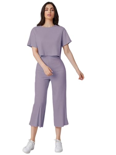 Leriya Fashion Women Co Ord Set | Ribbed Pajama Set | Casual Wear Pant Top Set | Fancy Co-Ord Set | Pack of 2 | Drop Shoulder Knit Top & Capris Pants Set | Full Pair Set |