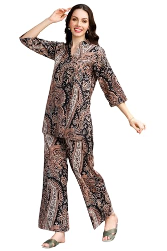 Leriya Fashion Women Ethnic Kurta Set | Rayon Co-Ord Set | Fancy Pajama Set | Pack of 2 | Floral Printed Top & Pant Set | Full Pair Set | A-line Kurta Set for Women |