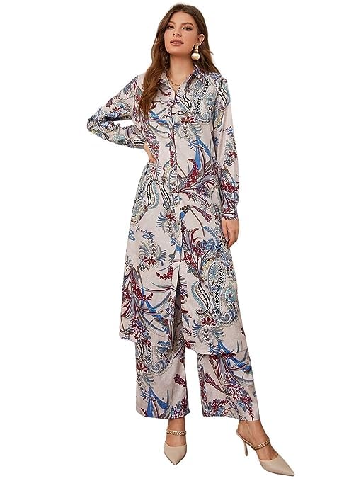 Leriya Fashion Women's Ethnic Co Ord Set || Paisley Printed Co-Ord Set for Women || Long Straight Shirt Kurta with Pant Set for Women || Gift for Women || Fancy Kurta Set |