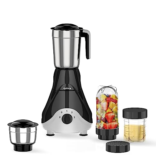 Lifelong Mixer Grinder for Kitchen - 4 Jars 500 Watt Mixie - 2 Nutri bullet Jars for Smoothie & Blending, Chutney Jar & Liquidizing Jar used as Wet Grinder & Blender - Stainless Steel Blades (LLMG39)