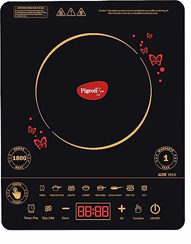 Pigeon By Stovekraft 14429 Acer Plus 1800 Watt Induction Cooktop with Feather Touch Control, Induction Stove comes with 8 Preset Menus and Auto-Shut Off features (Black)