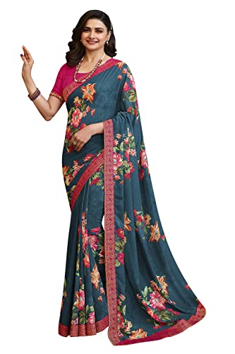 RAJESHWAR FASHION WITH RF Women's Fancy Floral Printed Georgette Sarees For Festive With Jacquard Work Lace Border & Unstitched Blouse Piece(Multicolored_Free Size 6.30 Mtr)