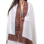 TREHAN SHAWLS Luxury Sozni Border Kashmiri shawl with intricate Needle work, hand embroidery design, white (Size: 100x205 cm)