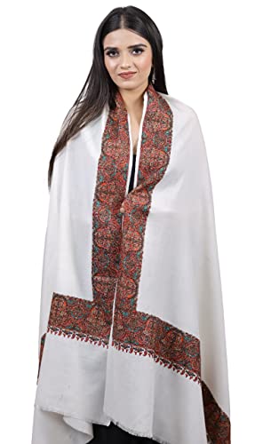 TREHAN SHAWLS Luxury Sozni Border Kashmiri shawl with intricate Needle work, hand embroidery design, white (Size: 100x205 cm)