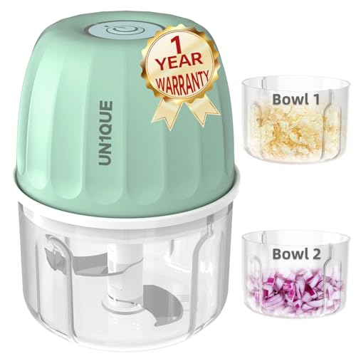 UN1QUE Rechargeable Mini Electric Chopper - 304 Stainless Steel Blades, One-Touch Operation, 250ML x 2 Bowls,500ML, Wireless Chopper for Mincing Garlic, Vegetable, Ginger, Onion, Meat(250 ML, 30 Watt)