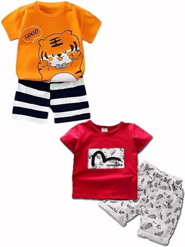 Lofn Stylish Printed Kids Clothing Sets baby boy dress baby girl dress Pack of 2 (KDST84OR-KDST2RD)