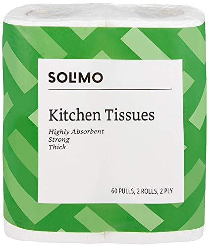 Amazon Brand - Solimo 2 Ply Kitchen Tissue/Towel Paper Roll, soft and highly absorbent - 2 Rolls (60 Pulls Per Roll, 120 Sheets)