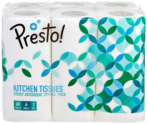 Amazon Brand - Presto! 2 Ply Kitchen Tissue/Towel Paper Roll, soft and highly absorbent - 6 Rolls (60 Pulls Per Roll, 360 Sheets)