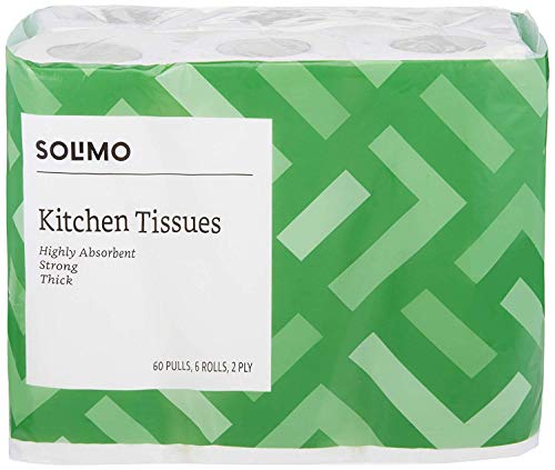 Amazon Brand - Solimo 2 Ply Kitchen Tissue/Towel Paper Roll, soft and highly absorbent - 6 Rolls (60 Pulls Per Roll, 360 Sheets)