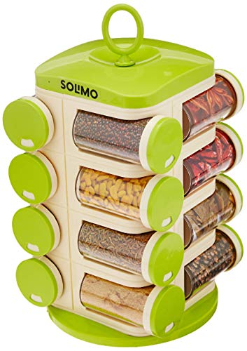 Amazon Brand - Solimo Revolving Plastic Spice Rack Set (16 Pieces, Silver, Tiered Shelf), Countertop, Tabletop