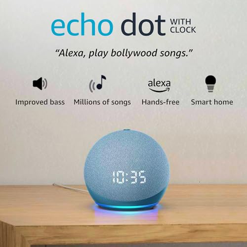 Amazon Echo Dot 4th Gen with clock | Smart speaker with powerful bass, LED display and Alexa (Blue)