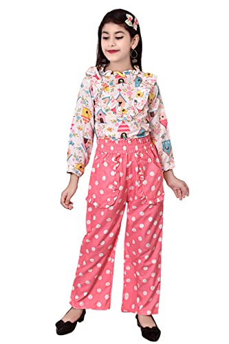 Arshia Fashions Girl's Polycotton Printed Top and Pant Set, Pink