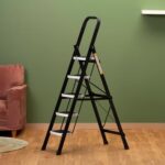 BonKaso Premium Alloy Steel Heavy Duty Multipurpose Foldable 5 Step Ladder with Connecting Frame & Belt Support for Home and Outdoor - (Matte Black & White)