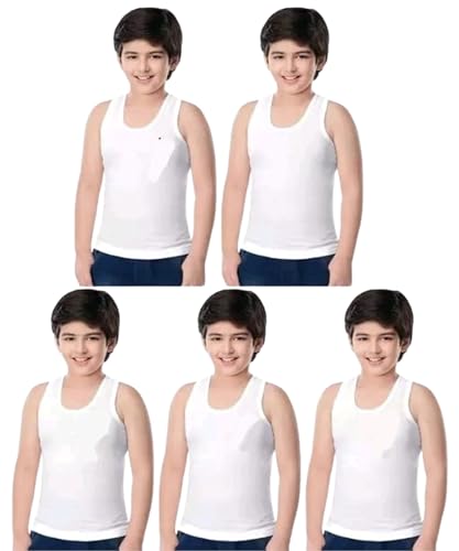 COTTS Fashion Boy's Round Neck Sleeveless Cotton White Solid Vest/Baniyan Pack of 5