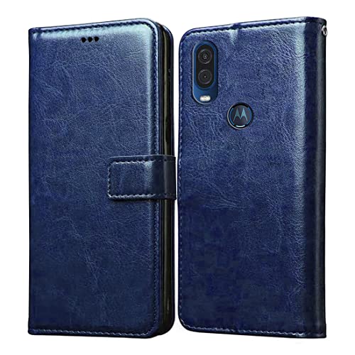 Casotec Flip Cover for Motorola One Vision | Premium Leather Finish | Inbuilt Pockets & Stand | Flip Case for Motorola One Vision (Blue)