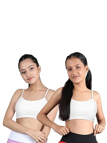 DChica Uniform Bras for Girls, (Pack of 2) Solid Cotton Non-Padded Full Coverage Seamless Everyday Non-Wired Gym Bra with Adjustable Thin Strap, Training Bra for Teenager