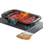 DK HOME APPLIANCES 2000W Electric Smokeless Portable Adjustable Temperature Control Indoor and Outdoor Barbeque Grill Removable Water Filled Drip Tray (BBQ_ Skewers), Black