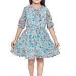 Doodle Layered Floral Dress for Girls | Breathable Kids Frock & Dresses | Western Frocks with Elastic Waist & Collar Tie Knot | Knee Length with Puffed Sleeves (Green Yellow Pink | Age 4 to 12 Years)