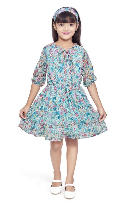 Doodle Layered Floral Dress for Girls | Breathable Kids Frock & Dresses | Western Frocks with Elastic Waist & Collar Tie Knot | Knee Length with Puffed Sleeves (Green Yellow Pink | Age 4 to 12 Years)