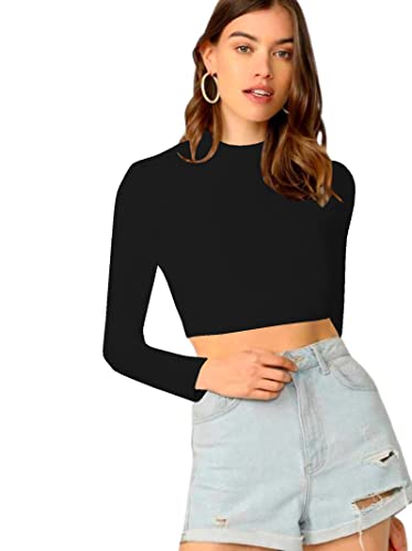 Dream Beauty Fashion Women's Round High Neck Full Sleeves Stylish Crop Top Polyester Blend Tshirt (16" Inches)