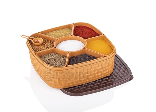 E-COSMOS Plastic Square 7 Sections Multipurpose Masala Rangoli Dabba Box Set, Spice Box Set - Brown (Masala Box - 7 in 1)