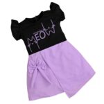 ER Fashion Casual Cotton Blend Meow Printed Knee Length Ruffle Short Sleeves Dress for Girls