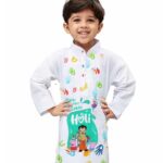 FAWN FASHION Boy's Holi Printed Polyester White Kurtas for Boys