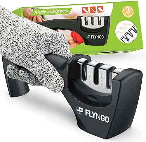 FLYNGO Manual Knife Sharpener 3 Stage Sharpening Tool for Ceramic Knife and Steel Knives (Black)