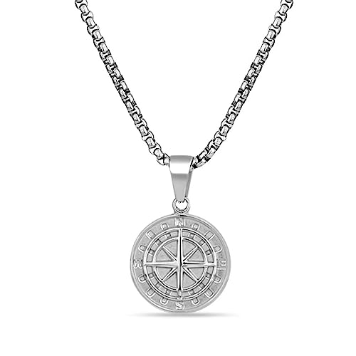 Fashion Frill Silver Chain Pendants For Men Round Pendant Silver Compass Necklace Chain For Men Boys Men's Jewellery Pendant Necklace Accessories