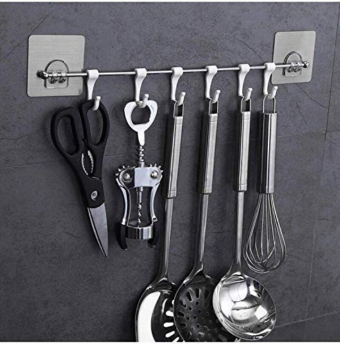 GOLWYN Premium Self Adhesive Kitchen Accessories Items Organizer Rack Stand, Wall Hanging Hooks Strong Without Drilling/Bathroom Door Cloth Hanger (9 Hooks), Stainless Steel