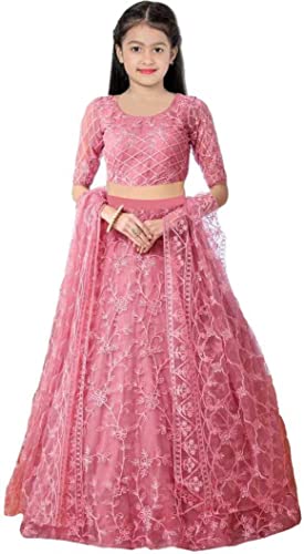 Girl's Net Semi-Stitched Lehenga Choli (Kids_PINK_Free Size)