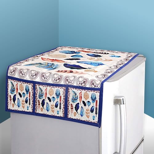 Heart Home Fridge Top Cover | Fridge Top Cover with Pockets | Refrigerator Top Cover for Kitchen | Fridge Top Cover with 6 Utility Pockets | Leaf Fridge Top Cover | Cream