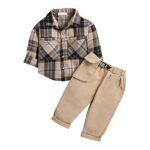 Hopscotch Boys Cotton Blend Checks Print Shirt And Pant Set In Khaki Color