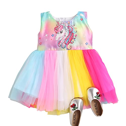 Hopscotch Girl's Multi Coloured Sleeveless Unicorn Print Party Maxi Dress