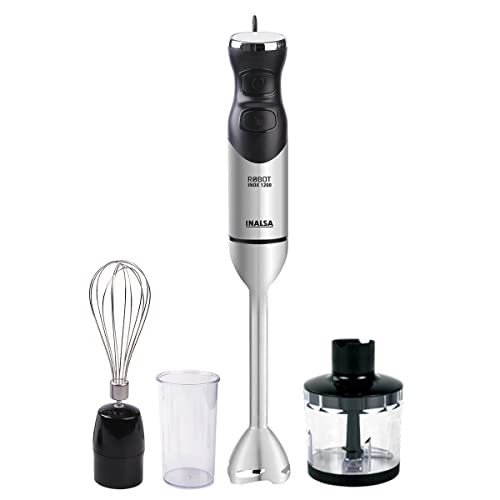 INALSA Electric Hand Blender 1200Watt 100% Copper Motor|Variable Speed and Turbo Function|Low Noise|Anti-Splash Technology|2 Yr Warranty| Home&kitchen |Chopper,Whisker,Multipurpose Jar|(RobotINOX1200)