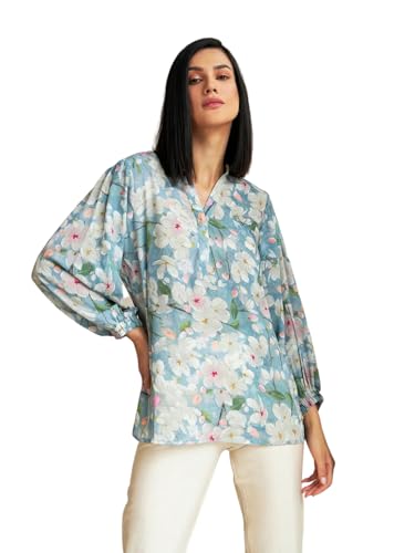 Leriya Fashion Women's Rayon Floral Printed Shawl Collared Neck Fancy Shirt Style Western Top for Girls Long Cuff Sleeves Shirt for Office Party Travel Outing Holidays Wear Tunic