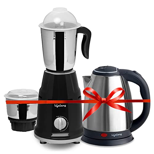 Lifelong Stainless Steel Mixer Grinder 500 W (2 Jar, Black) With Electric Kettle 1.5 Litre 1500W For Boiling Water, Soup (Silver) Super Combo | Combo For, 1.5 Liter, 500 Watt